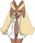  &lt;3 ambiguous_gender clothing coat eyewear featureless_crotch girly glasses lab_coat lagomorph leporid looking_at_viewer lopunny mammal navel nintendo pok&eacute;mon pok&eacute;mon_(species) solo standing topwear video_games 