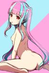  1girl aqua_background aqua_hair ass back bang_dream! bangs blunt_bangs breasts candy food hair_bobbles hair_ornament highres lollipop looking_at_viewer looking_back mouth_hold multicolored_hair nipples nude pareo_(bang_dream!) pink_background pink_hair red_eyes sidelocks sitting sketch small_breasts solo tukiyofree two-tone_background two-tone_hair wariza 