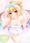  1girl :d absurdres bangs bar_soap bare_arms bare_shoulders blonde_hair blue_ribbon blush breasts bucket cleavage commentary_request crystal eyebrows_visible_through_hair fang flandre_scarlet hair_between_eyes hair_bun hair_ribbon hands_up head_tilt highres holding kneeling looking_at_viewer miy@ naked_towel no_hat no_headwear one_side_up open_mouth pointy_ears red_eyes ribbon rubber_duck short_hair sidelocks small_breasts smile soap soap_bubbles solo thighs touhou towel towel_on_head water wings 