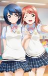  2girls :d bangs braid collared_shirt commentary_request cowboy_shot green_eyes hair_ornament hairpin highres holding_hands indoors kuusuke_(yo_suke39) looking_at_viewer love_live! love_live!_school_idol_festival_all_stars miniskirt multiple_girls navy_blue_skirt neck_ribbon open_mouth orange_hair perfect_dream_project pink_neckwear plaid plaid_skirt pleated_skirt purple_eyes ribbon self_shot shirt short_hair short_sleeves side_braid skirt smile sweater_vest swept_bangs uehara_ayumu yellow_eyes 