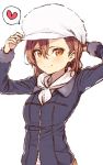  1girl adjusting_clothes adjusting_hat arms_up blue_jacket brown_eyes brown_hair closed_mouth commentary_request fur_hat hair_between_eyes hand_on_headwear hat heart jacket light_blush long_sleeves looking_at_viewer misaka_mikoto pinch_(nesume) scarf simple_background smile solo to_aru_kagaku_no_railgun to_aru_majutsu_no_index upper_body white_background white_headwear white_neckwear white_scarf winter_clothes 