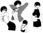  1girl absurdres bangs bare_shoulders black_dress blazer bracelet breasts choker cleavage closed_eyes closed_mouth dress dress_shirt earrings english_commentary greyscale highres holding holding_paper id_card jacket jewelry lanyard large_breasts leaning_forward monochrome norman_maggot office_lady olive_laurentia open_mouth original paper pencil_skirt pixie_cut ribbed_shirt ribbed_sweater shirt short_hair skirt sleeveless sleeveless_dress sleeveless_shirt stretch sweater swept_bangs thighs 