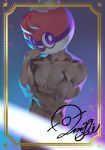  1boy abs ball_guy baseball_cap black_eyes bright_pupils chin_rest hat highres light_censor looking_at_viewer male_focus mascot_head muscle nude pokemon pokemon_(game) pokemon_swsh signature sparkle white_headwear 