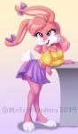  2019 3_toes 5_fingers aged_up anthro babs_bunny bottomwear bow breasts buckteeth cleavage clothed clothing digital_media_(artwork) eyelashes female fingers hair hi_res lagomorph leporid mammal metalpandora off_shoulder open_mouth pink_hair pink_nose purple_eyes rabbit shirt skirt solo teeth tiny_toon_adventures toes topwear warner_brothers watermark 