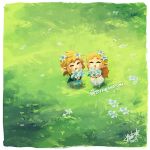  1boy 1girl bettykwong blonde_hair blue_shirt chibi closed_eyes dress grass link nintendo pointy_ears princess_zelda shirt silent_princess smile the_legend_of_zelda the_legend_of_zelda:_breath_of_the_wild white_dress 