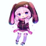  1girl :d animal_hood bangs black_footwear blue_eyes blush bunny_hood chibi crescent full_body hands_in_pockets haru431 hood hood_up hoodie long_sleeves looking_at_viewer open_mouth purple_hair purple_legwear shoes short_hair_with_long_locks simple_background smile solo sparkle star strap thighhighs voiceroid white_background yuzuki_yukari 