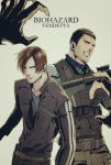  2boys assault_rifle bangs black_hair blue_eyes brown_hair bulletproof_vest chris_redfield copyright_name facial_hair gun jacket leon_s_kennedy multiple_boys parted_bangs pov pov_hands resident_evil resident_evil_vendetta rifle snaaaking stubble weapon 