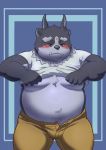  2019 anthro belly blush bottomwear clothed clothing eyes_closed humanoid_hands male moobs navel open_shirt overweight overweight_male pants shirt solo tokyo_afterschool_summoners topwear tsathoggua undressing video_games 柴虎良 