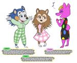  2019 2_toes 3_fingers 3_toes 4_fingers animal_crossing anthro barefoot black_nose blue_body blue_fur blue_nose brown_body brown_fur cervid cervine clothing dialogue digital_media_(artwork) dress english_text eulipotyphlan eyebrows eyelashes eyes_closed facial_markings female fingers freckles fuchsia_(animal_crossing) fur green_clothing group head_markings hedgehog interlocked_fingers mabel_able mammal markings multicolored_body multicolored_fur musical_note nintendo open_mouth orange_markings pattern_clothing pink_clothing pink_dress plaid plaid_clothing purple_body purple_fur raised_arm sable_able short_tail signature silvertongue_(artist) simple_background smile spots spotted_clothing spread_arms standing tan_body tan_fur text toes two_tone_body two_tone_fur video_games white_background white_body white_fur 