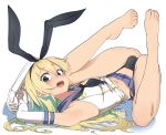  1boy animal_ears armpits ass bangs bare_legs barefoot black_panties blonde_hair blue_skirt blush bulge bunny_ears double-breasted elbow_gloves eyebrows_visible_through_hair fake_animal_ears feet genderswap genderswap_(ftm) gloves grey_eyes hair_between_eyes hairband head_tilt highleg highleg_panties highres kantai_collection long_hair looking_at_viewer male_focus midriff navel open_mouth otoko_no_ko panties pleated_skirt shimakaze-kun shimakaze_(kantai_collection) shinomu_(cinomoon) sidelocks skirt skirt_flip solo thighs thong toes underwear white_gloves 