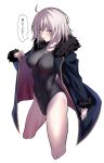  1girl absurdres ahoge bangs blush breasts coat commentary covered_navel eyebrows_visible_through_hair fate/grand_order fate_(series) fur_trim grey_hair hand_up highleg highleg_swimsuit highres holding jeanne_d&#039;arc_(alter)_(fate) jeanne_d&#039;arc_(fate)_(all) jewelry long_sleeves looking_at_viewer medium_breasts necklace one-piece_swimsuit open_mouth pale_skin short_hair simple_background solo swimsuit thighs ulrich_(tagaragakuin) white_background yellow_eyes 