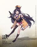  1girl :d asymmetrical_legwear bangs bare_shoulders belt beret black_choker black_footwear black_hair black_legwear blue_eyes blush breasts character_name choker collarbone combat_knife girls_frontline gloves gun hair_between_eyes handgun hat hc2002 highres kneehighs knife logo long_hair mechanical_arm mod3_(girls_frontline) off-shoulder_sweater off_shoulder official_art open_mouth pink_skirt purple_sweater ribbed_sweater shoes sidelocks single_kneehigh single_thighhigh skirt small_breasts smile solo stechkin_(girls_frontline) stechkin_aps sweater thigh_strap thighhighs trigger_discipline watermark weapon yellow_coat yellow_headwear 