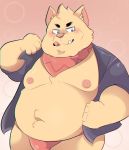  2019 anthro belly blush bulge clothed clothing domestic_cat felid feline felis humanoid_hands lionakarei male mammal moobs navel nipples open_shirt overweight overweight_male shirt solo tongue tongue_out topwear underwear 