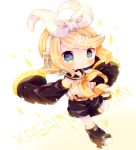  1girl bangs belt black_shorts blonde_hair blue_eyes blush boots character_name chibi detached_sleeves full_body hair_ornament hair_ribbon hairclip haru431 headset kagamine_rin neckerchief outstretched_arms ribbon sailor_collar short_hair shorts sleeves_past_fingers sleeves_past_wrists smile solo spread_arms standing standing_on_one_leg swept_bangs vocaloid white_ribbon yellow_neckwear 