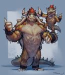  2019 anthro bowser bowser_jr. chain digital_media_(artwork) duo father father_and_child father_and_son hair horn koopa male mario_bros nintendo one_eye_closed open_mouth parent parent_and_child red_hair scalie sharp_teeth simple_background smile son spikes taran_fiddler teeth video_games wink young 