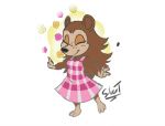  2019 animal_crossing anthro black_nose brown_body brown_fur clothing digital_media_(artwork) dress english_text eulipotyphlan eyes_closed female flower freckles fur hair hedgehog long_hair mammal multicolored_body multicolored_fur nintendo on_one_leg pink_clothing pink_dress plant sable_able signature silvertongue_(artist) simple_background smile spread_arms standing tan_body tan_fur text two_tone_body two_tone_fur video_games white_background 