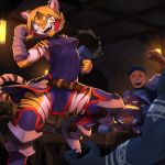  alcohol anthro armor beer belt beverage blonde_hair boots breasts clothed clothing detailed_background eyes_closed facial_scar fangs felid female food footwear gauntlets gloves hair handwear hat headgear headwear hi_res human inside jumping kamukamu6392 kemono legwear magic_user male mammal open_mouth pantherine pelvic_curtain scar sleeveless slit_pupils stripes tavern thigh_boots thigh_highs tiger witch witch_hat yellow_eyes 
