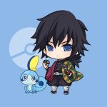  1boy bangs belt belt_buckle black_hair black_jacket black_pants blue_background blue_eyes buckle chibi closed_mouth crossover eyebrows_visible_through_hair gen_8_pokemon hair_between_eyes hand_up holding holding_poke_ball holding_sheath jacket katana kimetsu_no_yaiba long_hair long_sleeves looking_at_viewer low_ponytail maodouzi pants poke_ball poke_ball_symbol pokemon pokemon_(creature) ponytail puffy_pants sheath sheathed sobble standing sword tomioka_giyuu v-shaped_eyebrows weapon white_belt white_footwear wide_sleeves 