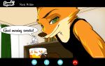  ! anthro atlantica0208 canid canine clothed clothing curtains dialogue disney english_text fox fur green_eyes inside mammal nick_wilde orange_body orange_fur plushie red_fox shirt smile solo speech_bubble tank_top text topwear video_chat white_body white_fur zootopia 