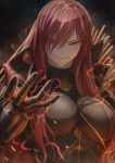  1girl black_gloves bodysuit breasts cape chain electricity evil_grin evil_smile fate/grand_order fate_(series) gloves grin hair_over_one_eye highres huge_breasts imizu_(nitro_unknown) long_hair oda_nobunaga_(fate)_(all) oda_nobunaga_(maou_avenger)_(fate) popped_collar red_eyes red_hair smile smoke solo tight_top underbust 