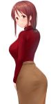  1girl blush breasts brown_skirt deneb_(noble324) from_behind hair_over_shoulder idolmaster idolmaster_cinderella_girls large_breasts long_skirt looking_back low_ponytail mifune_miyu red_sweater ribbed_sweater skirt solo sweater turtleneck turtleneck_sweater 