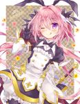  1boy astolfo_(fate) astolfo_(saber)_(fate) bangs black_bow black_dress black_gloves black_neckwear black_ribbon blush border bow bowtie brown_background buttons closed_mouth dress fate/grand_order fate_(series) flower frills gloves hair_between_eyes hair_bow hair_intakes hair_ribbon juliet_sleeves layered_skirt licking_lips long_hair long_sleeves looking_at_viewer low_twintails multicolored_hair one_eye_closed otoko_no_ko pink_hair plaid plaid_background puffy_sleeves purple_eyes ribbon skirt smile solo streaked_hair tongue tongue_out twintails w wataame106 white_bloomers white_border white_hair white_skirt wide_sleeves wing_collar 