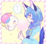  1girl animal_ears back_bow blue_hair blue_kimono bow braid cat_ears cotton_candy eating food fuwa_(precure) holding holding_food japanese_clothes kimono multicolored_hair obi precure sash star star_twinkle_precure starry_background streaked_hair suyamey twin_braids upper_body yellow_eyes yuni_(precure) 