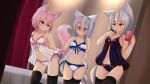  animal_ears bed blush breasts cleavage foxgirl gray_hair group hotel01 original pink_hair tail thighhighs underwear 