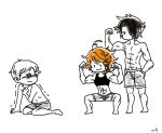  1girl 2boys abs biceps black_hair emma_(yakusoku_no_neverland) highres multiple_boys muscle muscle_envy muscular_female norman_(yakusoku_no_neverland) nufisu orange_hair ray_(yakusoku_no_neverland) shirt short_hair simple_background smile sports_bra squatting white_hair white_shirt yakusoku_no_neverland 