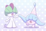  2019 ambiguous_gender black_background blue_hair duo female green_hair hair hair_over_eyes hand_holding hatenna humanoid nintendo open_mouth pok&eacute;mon pok&eacute;mon_(species) polka_dots ralts simple_background smile tentacles video_games waddling_head 
