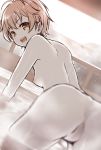  1girl :d antenna_hair ass bang_dream! bent_over blurry_foreground breasts highres kitazawa_hagumi looking_at_viewer looking_back monochrome nipples nude onsen open_mouth partially_submerged pussy railing short_hair small_breasts smile solo tukiyofree 
