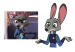  ambiguous_gender anthro black_nose canid canine clothed clothing dipstick_ears disney fox fur green_eyes grey_body grey_fur hybrid judy_hopps lagomorph leporid mammal multicolored_ears police_uniform rabbit simple_background solo theblueberrycarrots uniform white_background zootopia 
