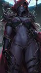  1girl absurdres arrow belly bow_(weapon) breasts cutesexyrobutts gauntlets glowing glowing_eyes highres hood huge_filesize medium_breasts midriff navel paid_reward patreon_reward purple_skin quiver red_eyes red_hood solo sylvanas_windrunner thigh_strap thighs warcraft weapon wide_hips 