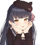 1girl :d animal_print bangs beret black_hair black_headwear black_shirt blunt_bangs blush bow braid breasts brown_bow brown_eyes chin_rest cleavage earrings eyebrows_visible_through_hair fake_horns fingernails glint hat head_in_hand heart heart_earrings highres horned_headwear idolmaster idolmaster_shiny_colors jewelry leopard_print long_hair long_sleeves looking_at_viewer mayuzumi_fuyuko medium_breasts nail_polish open_mouth pink_nails print_bow seventeen_(st17215) shirt simple_background smile solo tilted_headwear upper_body v-shaped_eyebrows white_background 