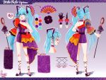  artist_name asymmetrical_skirt asymmetrical_sleeves black_gloves character_sheet color_guide commentary diamond_(shape) dress english_commentary facial_tattoo fan floral_print folding_fan frilled_dress frilled_sleeves frills from_behind full_body gloves hair_fan hair_ornament hatsune_miku hatsune_miku_expo high_heels highres holding holding_wand lipstick makeup microphone microphone_wand official_art pimienta_kast purple_dress single_glove smile spanish_clothes strapless strapless_dress tattoo vocaloid wand 