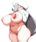  1girl areolae belly big_hair blue_eyes blush bottomless breasts breasts_outside clothes_lift doxy fur_hat grey_hair gym_leader hair_over_one_eye hat huge_breasts huge_nipples long_hair mature melon_(pokemon) navel nose_blush plump pokemon pokemon_(game) pokemon_swsh pubic_stubble pussy sagging_breasts solo sweater sweater_lift thick_thighs thighhighs thighs turtleneck turtleneck_sweater uncensored ushanka very_long_hair white_background white_legwear white_sweater 