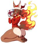  2019 absurd_res accessory anthro big_butt black_sclera breasts butt butt_focus canid canine canis caradhina christmas clothed clothing digital_media_(artwork) embers female fire fur gift green_eyes hair hat headgear headwear hi_res holidays leotard lilirulu looking_at_viewer mammal open_mouth ribbons santa_hat simple_background smile solo sweater thick_thighs topwear wolf 