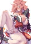  1girl amputee baiken bandages big_hair black_footwear black_jacket black_kimono blush breasts commentary_request eyepatch facial_tattoo guilty_gear guilty_gear_xrd ion_(cation) jacket jacket_on_shoulders japanese_clothes kataginu kimono large_breasts leg_up looking_at_viewer multicolored multicolored_clothes multicolored_kimono nipples obi one-eyed open_clothes open_kimono parted_lips pink_hair ponytail pussy red_eyes samurai sash scar scar_across_eye sitting spread_legs tattoo thighs white_kimono 