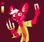  african_wild_dog anthro bottomwear candle canid canine card cheek_tuft claws clothed clothing color_swatch facial_tuft fangs fire fully_clothed fur head_tuft holding_object inner_ear_fluff mammal milo_(juantriforce) open_mouth open_smile pants pawpads playing_card red_theme restricted_palette shirt smile solo spots spotted_body spotted_fur teeth theblueberrycarrots topwear tuft 