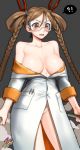  !? 1girl artist_name blush braid breasts brown_eyes brown_hair doctor_(last_origin) hair_pliers hair_rings highres jazzjack labcoat large_breasts last_origin naked_labcoat nipple_slip nipples pliers safety_glasses signature spacesuit twin_braids wrench 