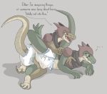  ... 2019 anthro armor bodily_fluids bulge clothing dialogue diaper duo embarrassed english_text erection erection_under_clothing erection_under_diaper furgonomics genital_fluids headgear helmet looking_back male male/male open_mouth poofy_dragon reptile scalie text that_time_i_got_reincarnated_as_a_slime urine wet_diaper wetting 