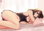  1girl artist-name bangs black_camisole black_shorts blue_eyes blush breasts brown_hair chinchongcha closed_mouth highres light_particles lying midriff on_bed on_side original pillow shorts sidelocks thighs 