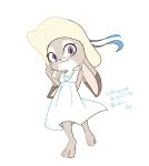  2016 anthro barefoot blush clothed clothing dipstick_ears disney dress fully_clothed fur grey_body grey_fur hat headgear headwear japanese_text judy_hopps lagomorph leporid looking_at_viewer mammal multicolored_ears purple_eyes rabbit simple_background smile solo srfkkk text white_background zootopia 