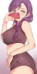  1girl braid breasts cellphone deyuuku eyebrows_visible_through_hair green_eyes holding holding_cellphone holding_phone large_breasts long_hair looking_at_viewer love_live! love_live!_school_idol_project midriff phone purple_hair self_shot single_braid smile solo toujou_nozomi 