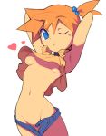  1girl arms_behind_head blue_eyes blue_shorts breasts hair_bobbles hair_ornament heart kasumi_(pokemon) looking_at_viewer medium_breasts metata navel one_eye_closed orange_hair pokemon short_hair shorts side_ponytail simple_background small_breasts solo unbuttoned_shorts underboob white_background 