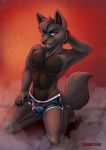  abs anthro blue_eyes bulge canid canine canis claws clothed clothing eyebrows eyelashes fur grey_body grey_fur grey_tail kneeling looking_at_viewer male mammal pinup pose solo topless toxi_de_vyne_(artist) underwear wolf 