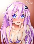  1girl bare_shoulders bikini blue_eyes blush breasts cleavage commentary_request embarrassed headgear highres kurozero long_hair looking_at_viewer medium_breasts neptune_(series) open_mouth pink_hair purple_bikini purple_sister solo swimsuit symbol-shaped_pupils upper_body very_long_hair wet 