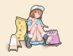  1girl ass bare_legs black_footwear blue_dress blush boots brown_eyes brown_hair cameltoe dress feet_up flag flat_cap frown full_body hat hataraku_saibou highres holding holding_flag knees_together_feet_apart knees_up long_hair looking_at_viewer off_shoulder panties platelet_(hataraku_saibou) seisen simple_background sitting solo striped striped_panties thighs underwear upskirt very_long_hair 