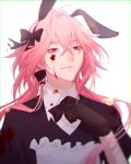  1boy animal_ears astolfo_(fate) astolfo_(saber)_(fate) bishounen black_bow black_gloves black_neckwear black_ribbon blood blood_on_face bloody_clothes blur bow bowtie bunny_ears chromatic_aberration fate/grand_order fate_(series) gloves hair_intakes half-closed_eyes highres long_hair looking_at_viewer multicolored_hair pink_hair purple_eyes ribbon simple_background solo streaked_hair twintails user_zafc3487 white_background white_hair 