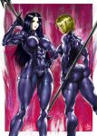  2girls ass black_hair blonde_hair bodysuit breasts character_request from_behind gloves hand_on_hip highres large_breasts lipstick long_hair looking_at_viewer makeup medium_breasts multiple_girls muscle muscular_female one-punch_man polearm short_hair signature smile spear the_golden_smurf thick_thighs thighs weapon yellow_eyes 
